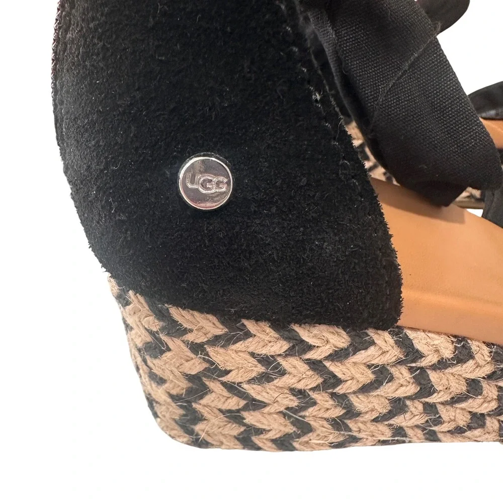 UGG Trina Wedge Sandals Womens 8 Black Espadrille Ankle Tie Jute Coastal Summer